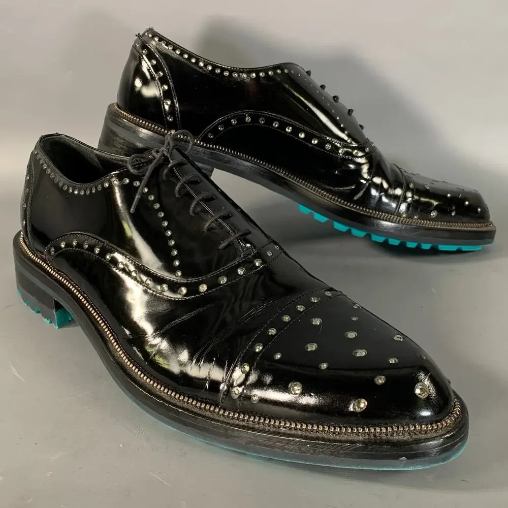 JOHN RICHMOND Size 11 Black Rhinestone Patent Leather Cap Toe Lace Up Shoes